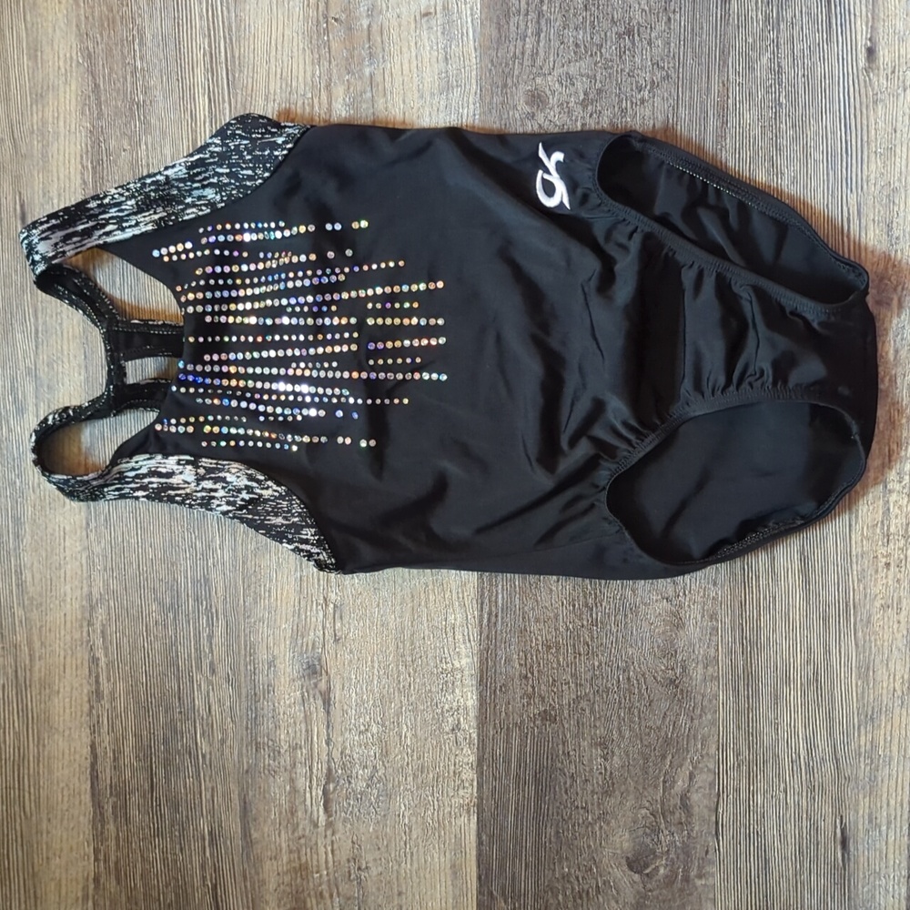 GK Black Girls' Leotard with Iridescent Rhinestones and Heathered Straps